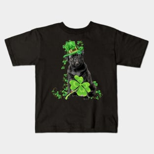 Black Pug Leprechaun Lucky Shamrock Happy St Patrick's Day Kids T-Shirt